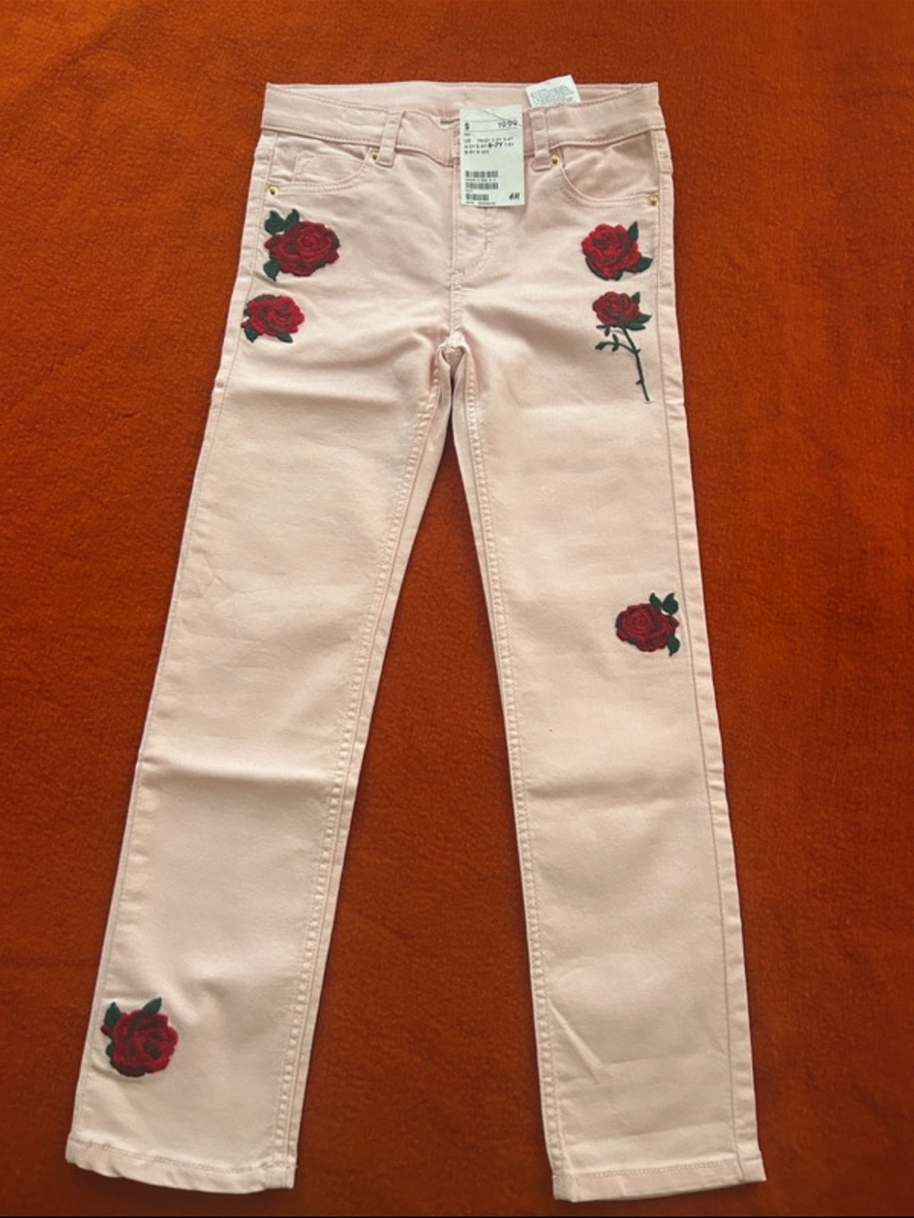 H&M Pink Skinny Jeans with Red Rose Embroidery